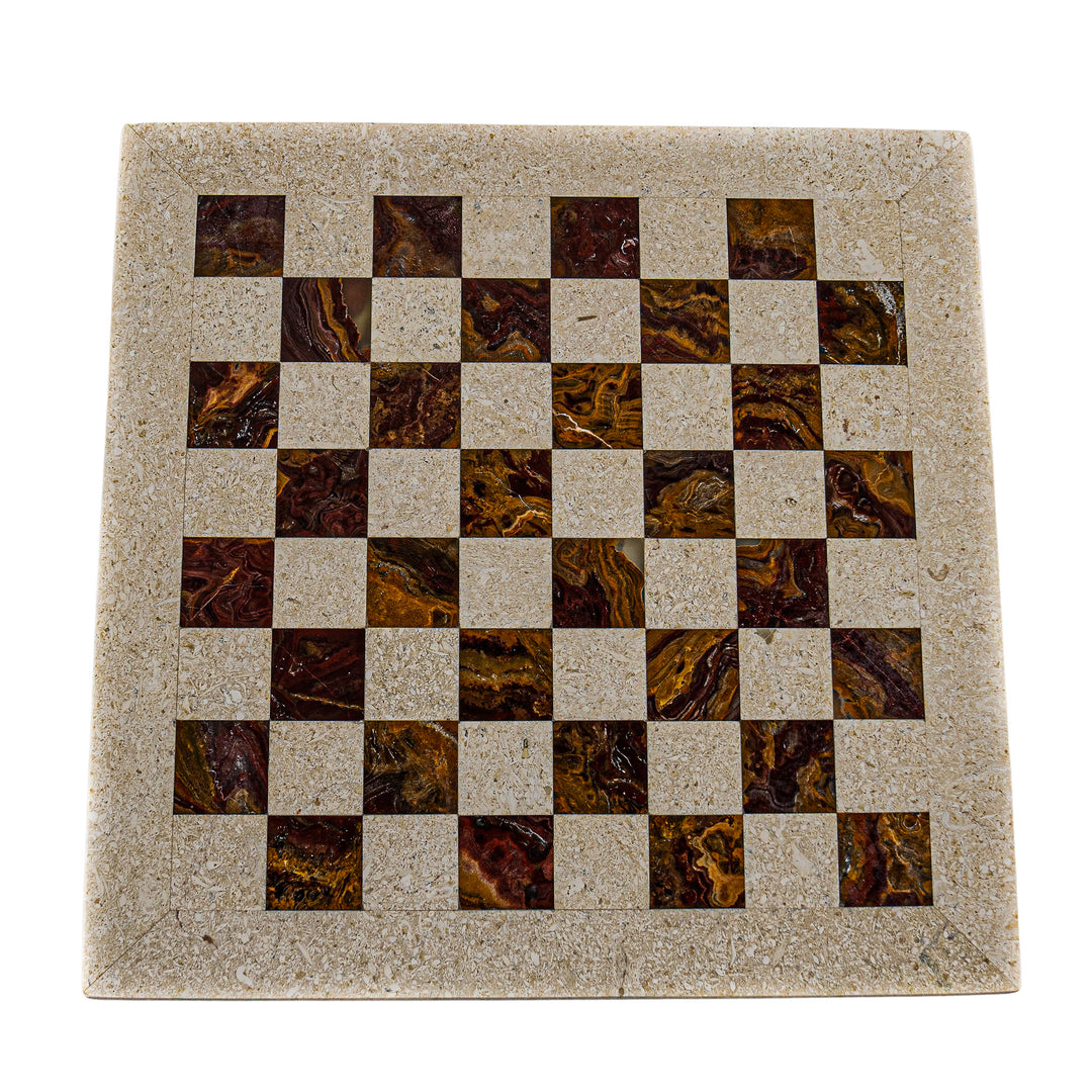 Large Marble Chess Set- Red and White Coral with Fancy Chess Pieces- White Border- 16"