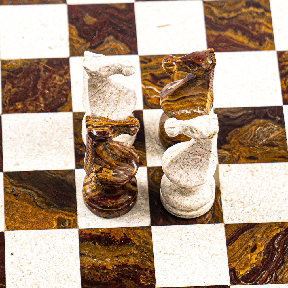 Large Marble Chess Set- Red and White Coral with Fancy Chess Pieces- White Border- 16"