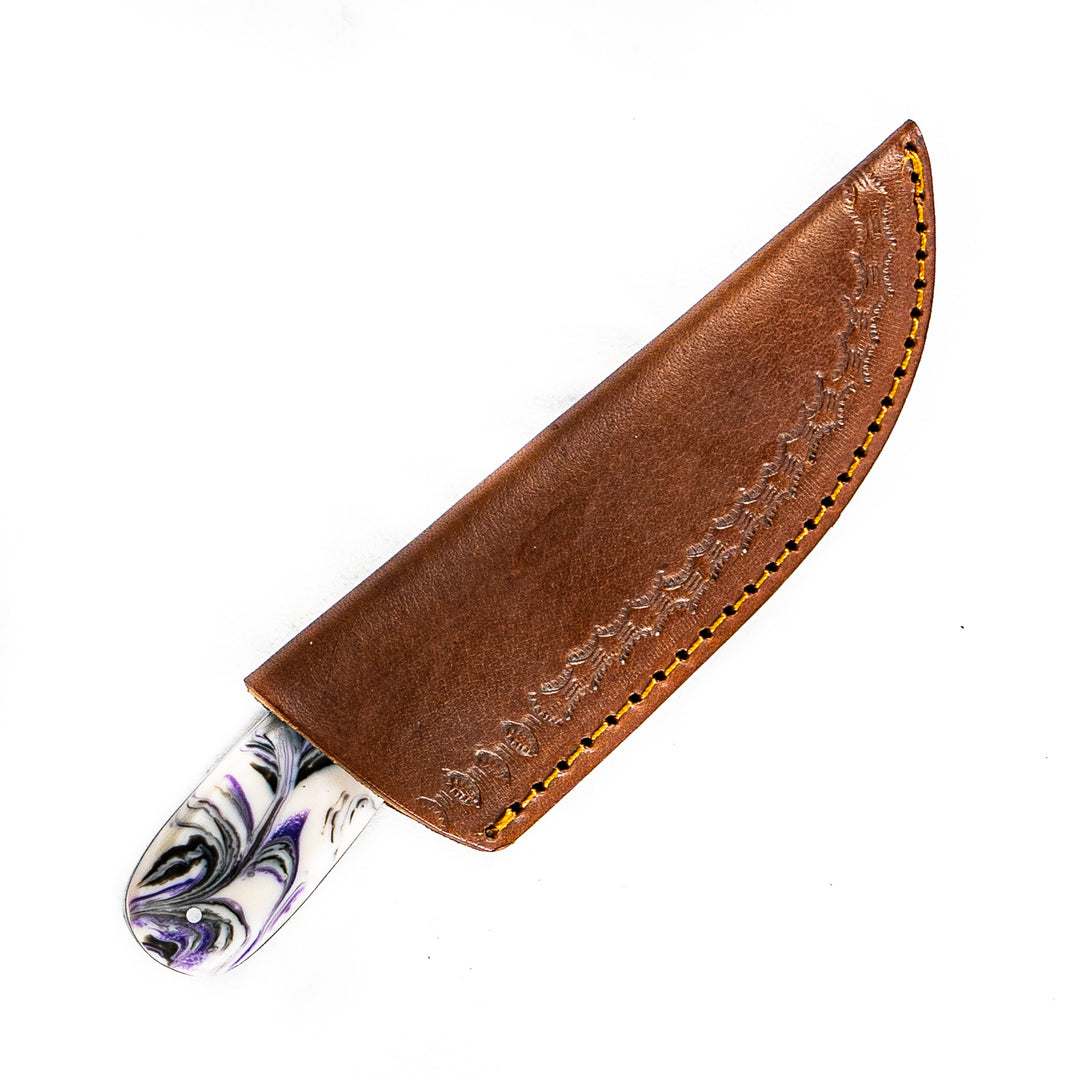 White and Purple Skinner Knife- Micarta- High Carbon Damascus Steel Blade- 8"
