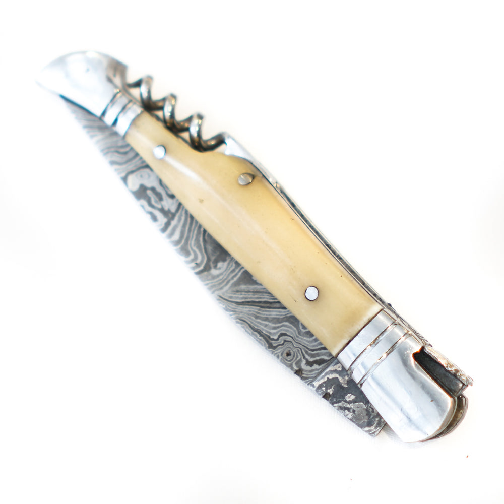 Folding Pocket Knife- 8"- High Carbon Damascus Steel- Bone Handle