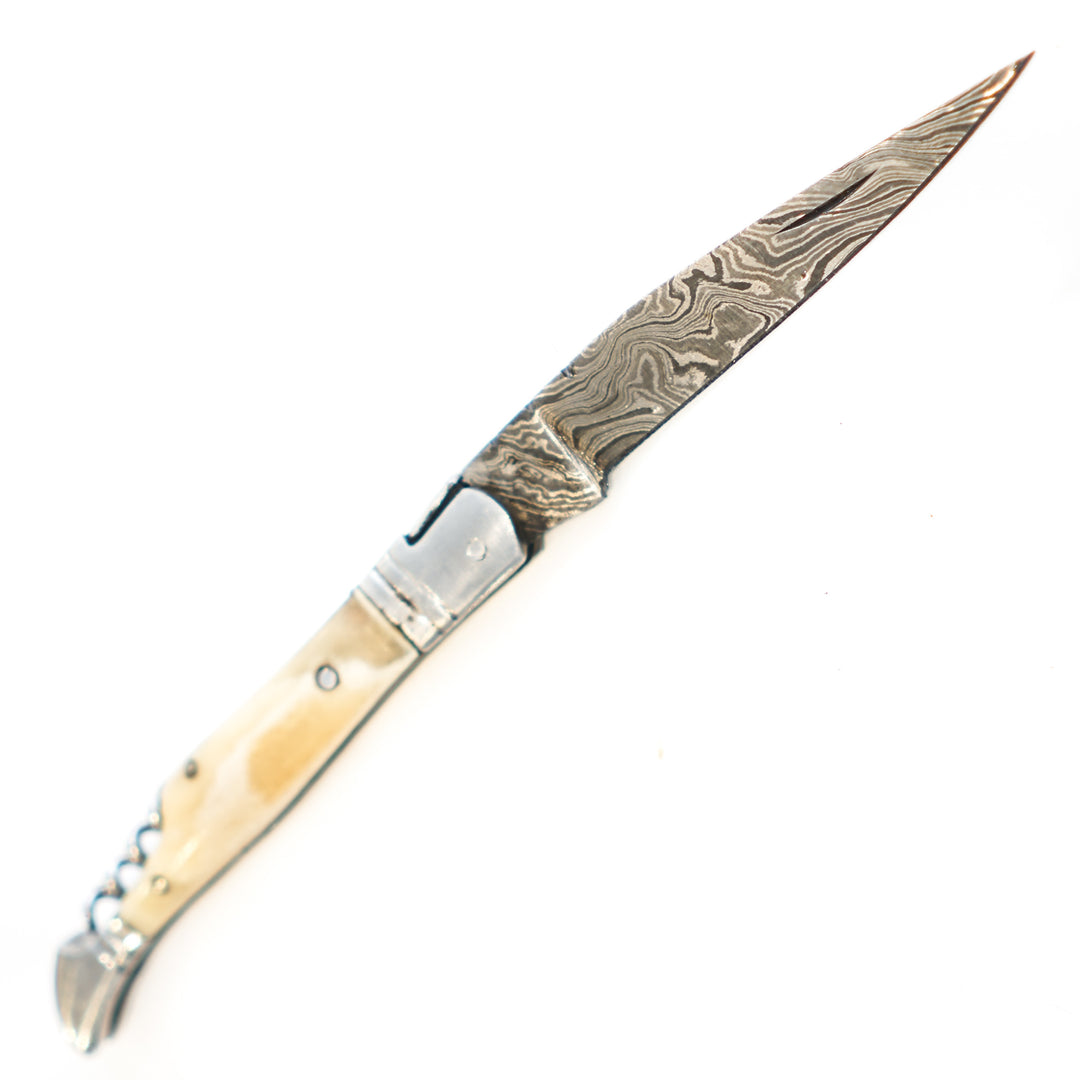 Folding Pocket Knife- 8"- High Carbon Damascus Steel- Bone Handle