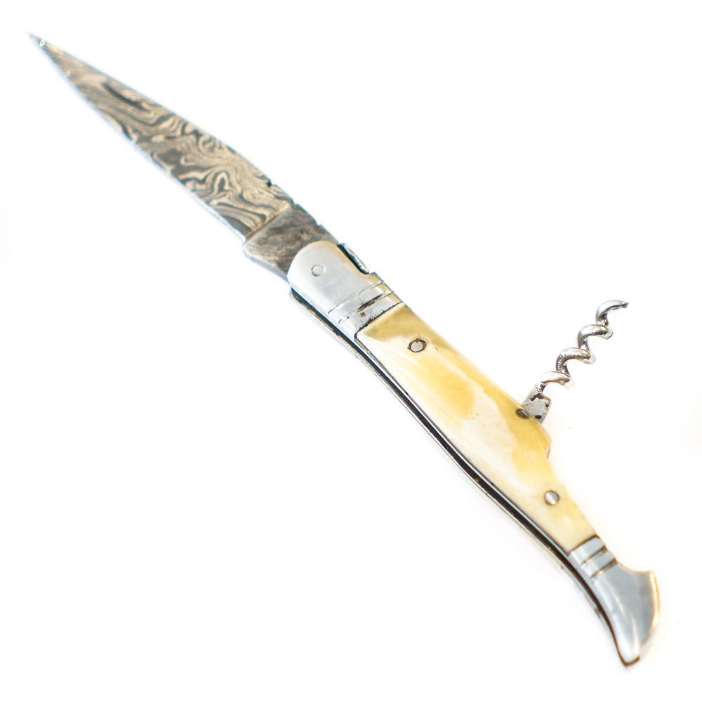 Folding Pocket Knife- 8"- High Carbon Damascus Steel- Bone Handle