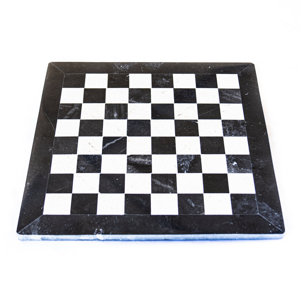 Marble Chess Set- Black and White Marble with Chess Pieces- Black Border- 12"