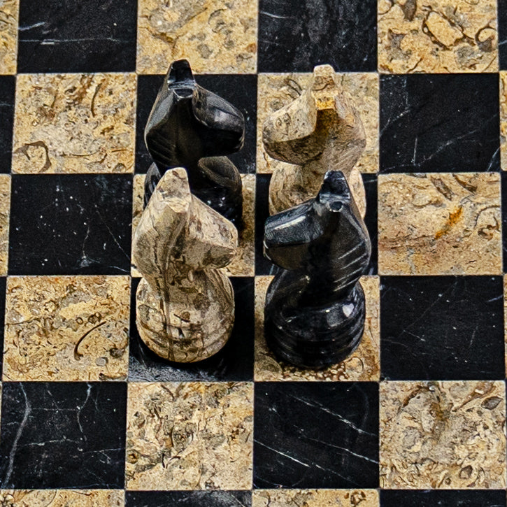 Marble Chess Set- Black and Botticino Marble Chess Board with Pieces- 12"