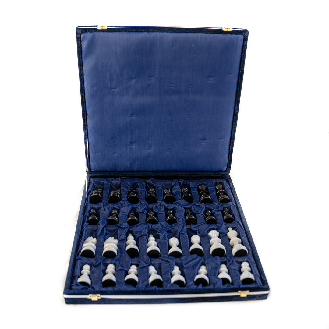 Large Marble Chess Set- White and Black with Fancy Chess Pieces- White Border- 16"