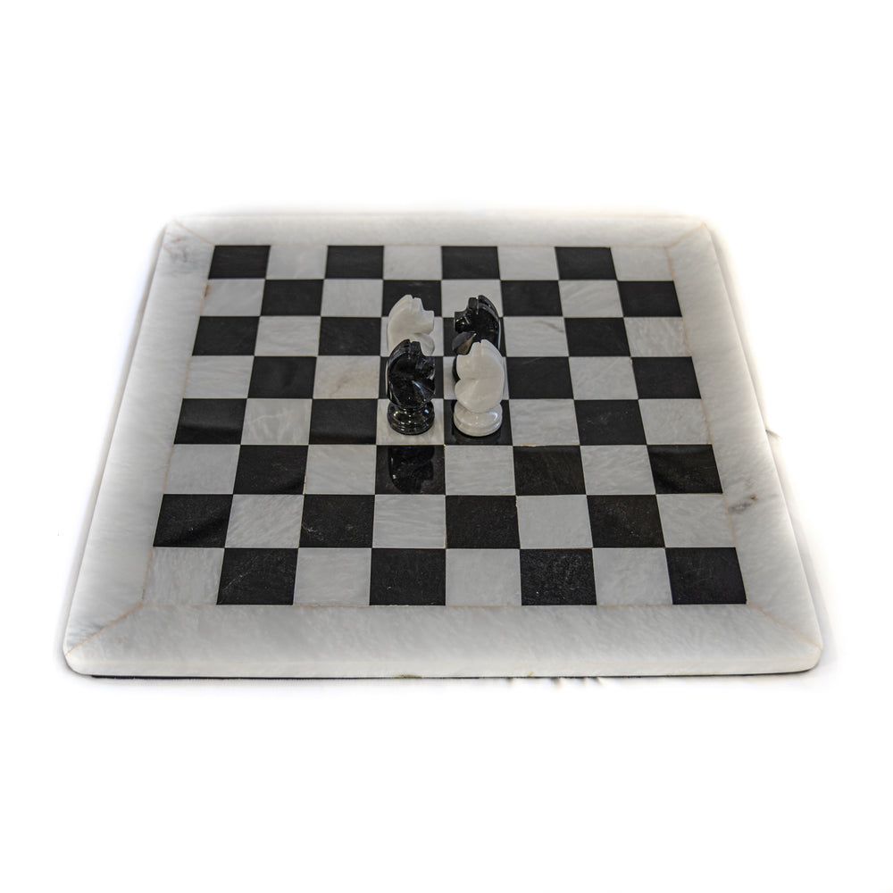 Large Marble Chess Set- White and Black with Fancy Chess Pieces- White Border- 16"