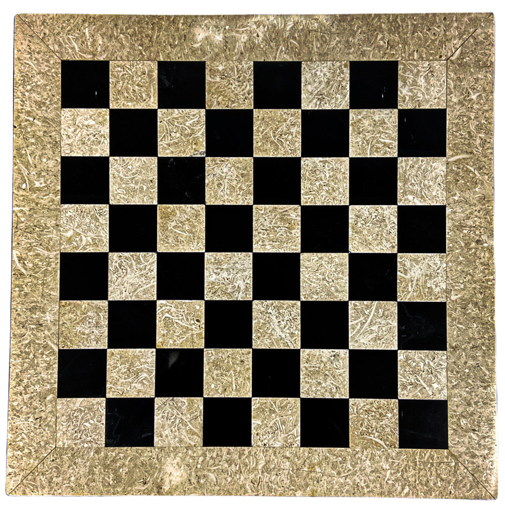 Large Marble Chess Set- Black and White Coral with Fancy Chess Pieces- White Border- 16"