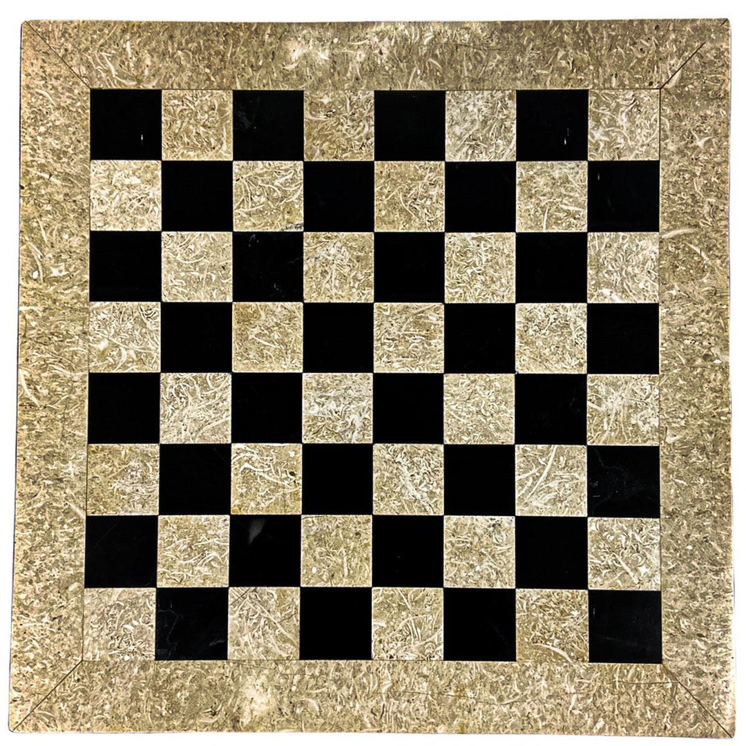 Large Marble Chess Set- Black and White Coral with Fancy Chess Pieces- White Border- 16" - Battling Blades