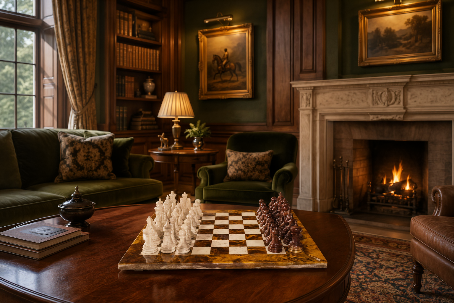 An ornate chess set on a round table in a panelled home library with a lit fireplace