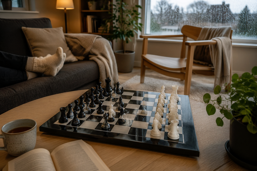 A chess set left mid-game on a low table beside a sofa, with a mug and a rain-streaked window