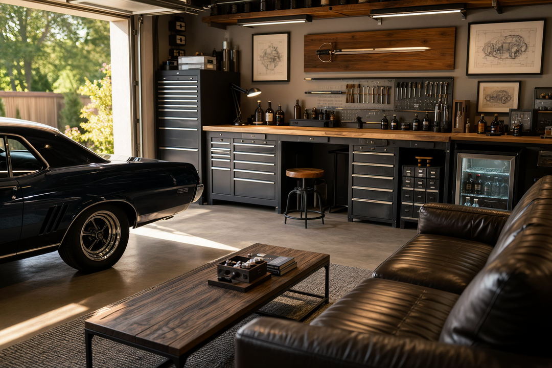 A garage workshop with a classic car, tool chests and a sword mounted on a walnut plaque above the workbench