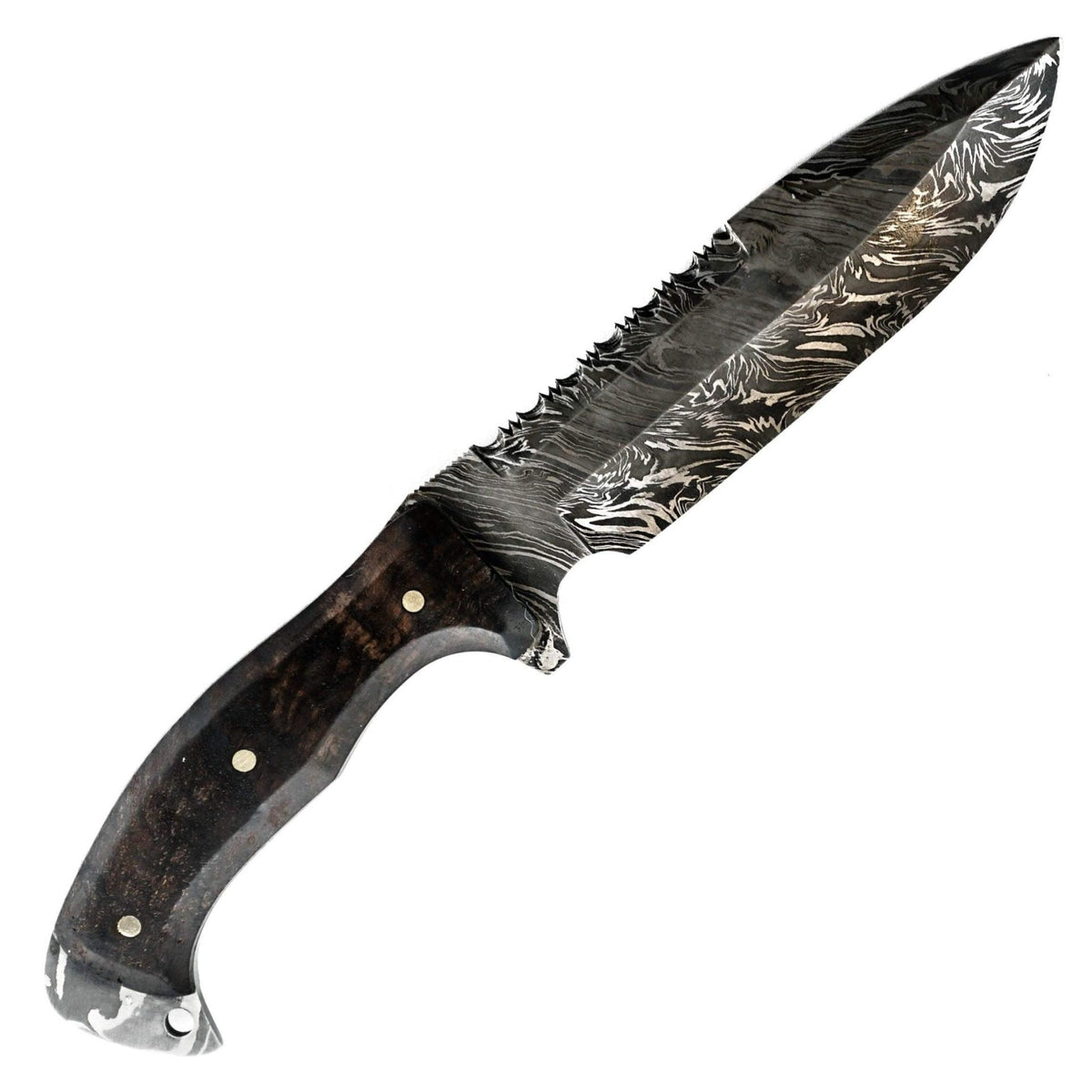 Hand-forged Damascus steel Bowie knife with walnut handle and leather sheath