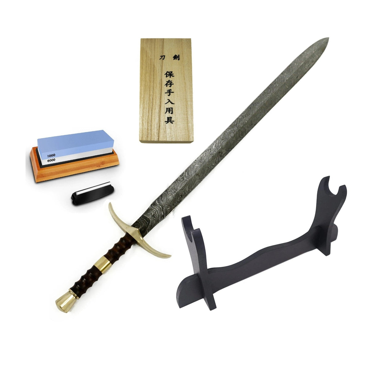 Damascus longsword bundle with stand