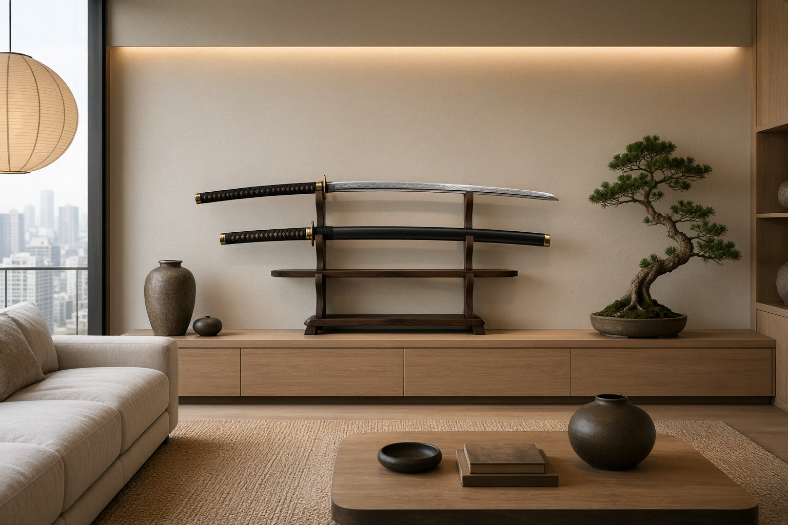 Katana and wakizashi on a wooden stand on a low credenza in a minimal modern living room