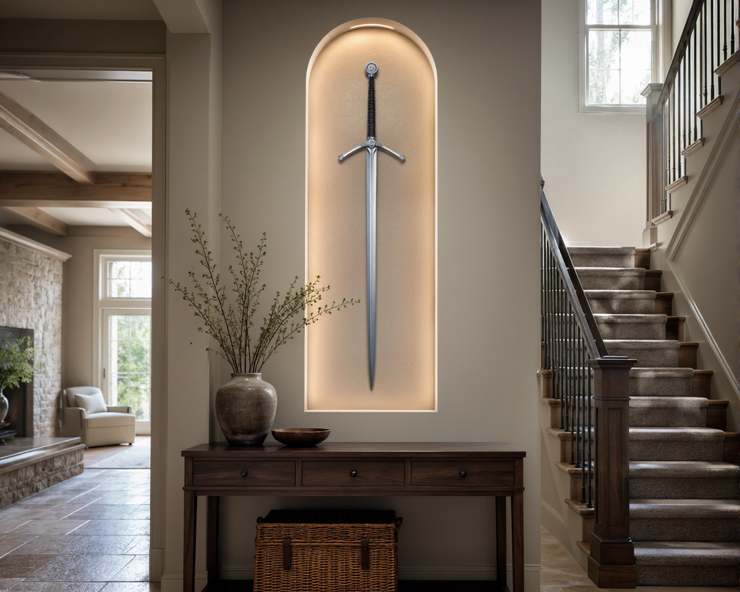 A longsword lit from above in a shallow alcove beside a console table