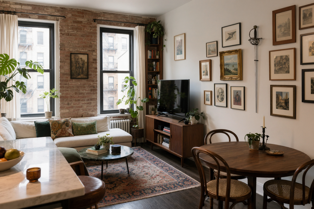 A rapier hung as part of a salon-style gallery wall in an apartment living room with exposed brick