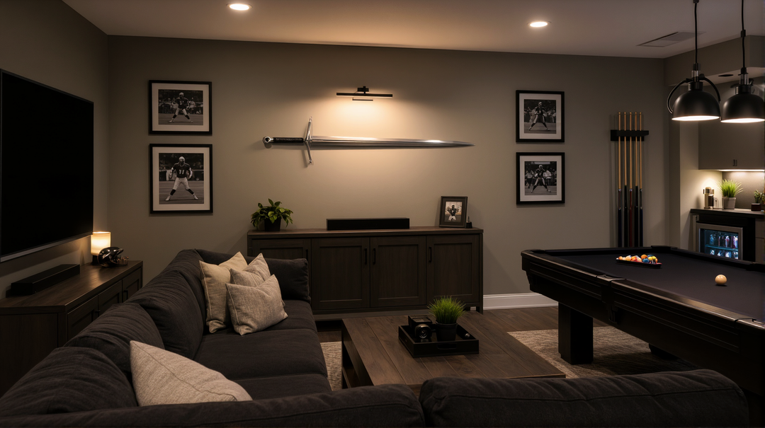 A basement lounge with a longsword mounted under a picture light above a sideboard, with a pool table beyond