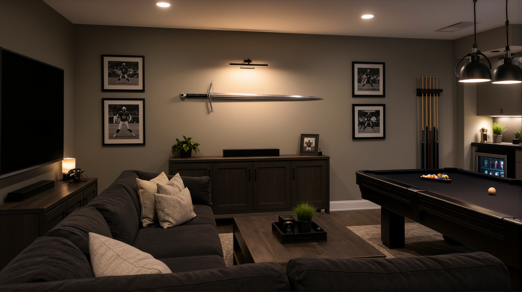 A basement lounge with a longsword mounted under a picture light above a sideboard, with a pool table beyond