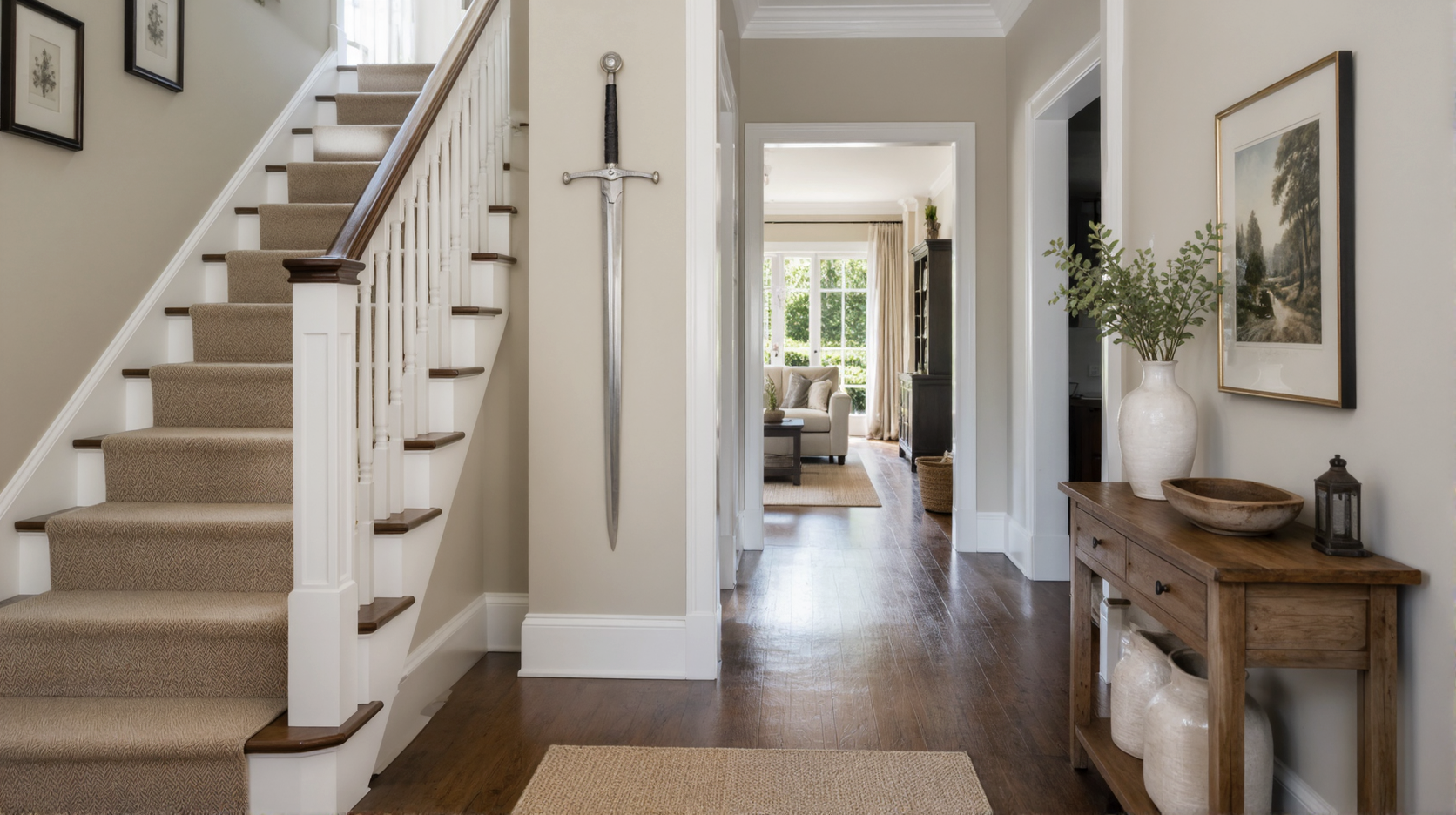 A longsword mounted vertically on a narrow wall beside a staircase in a bright entrance hall