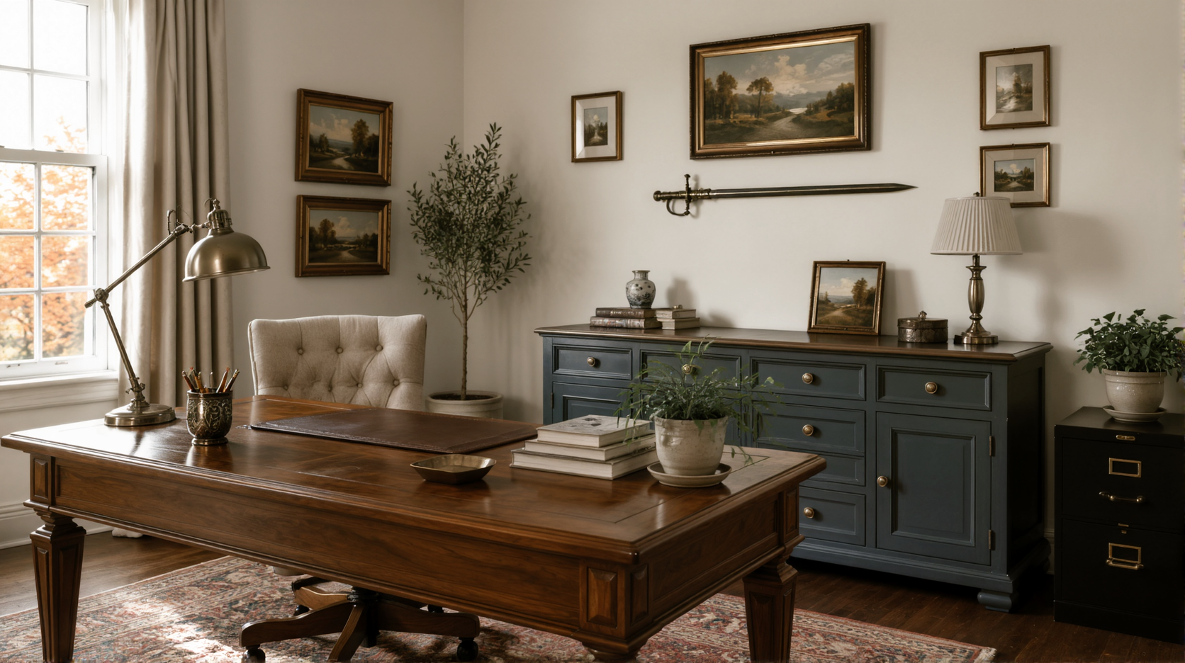 A walnut desk and painted sideboard in a dark academia study with a longsword hung horizontally beneath gilt-framed landscapes