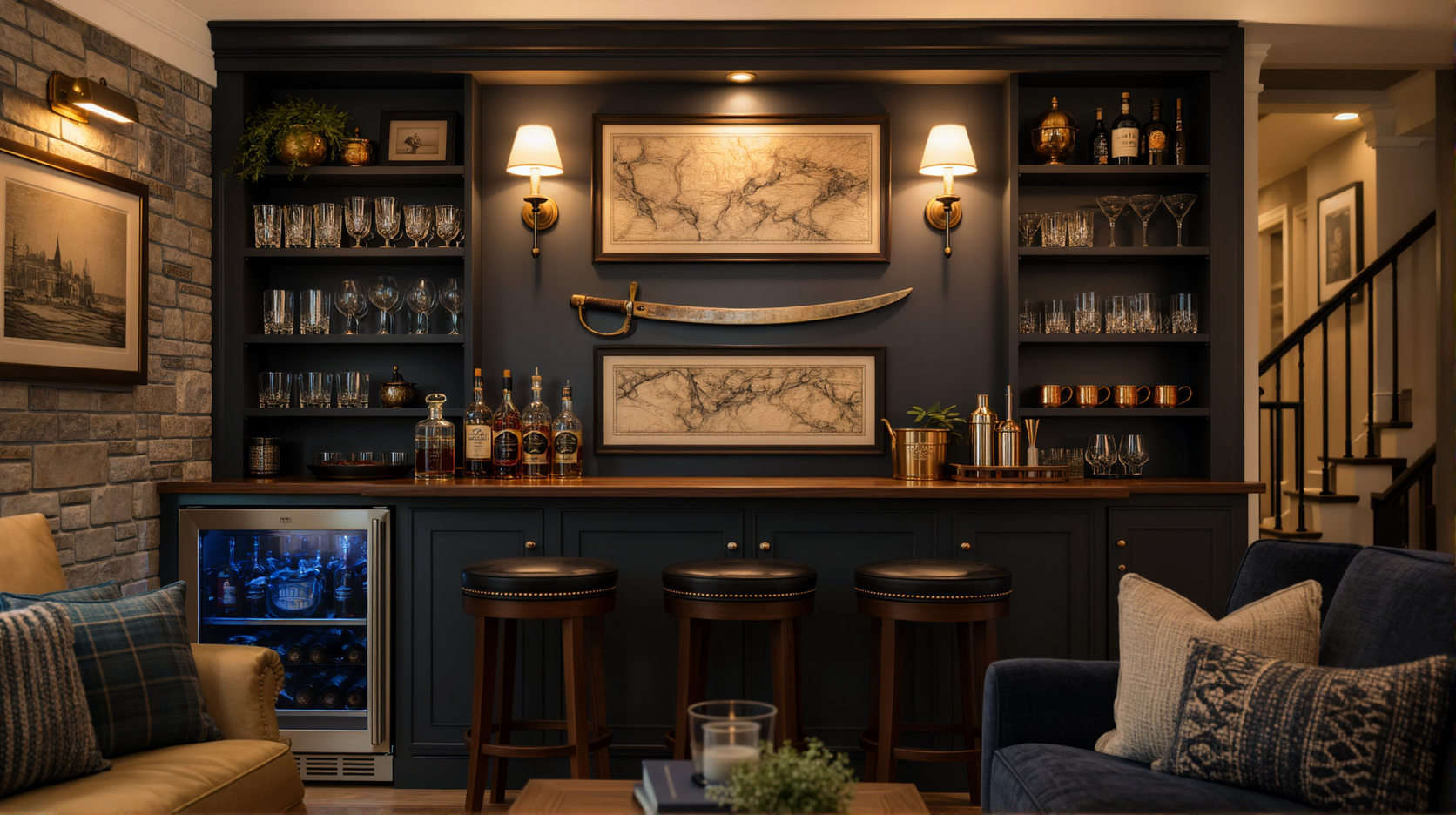 Curved sabre mounted between two framed maps above a home bar with navy cabinetry