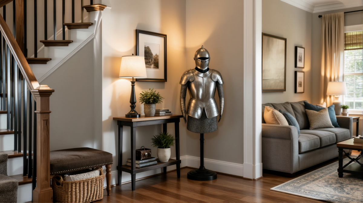 An entryway with an armour bust on a black stand beside a console table and staircase