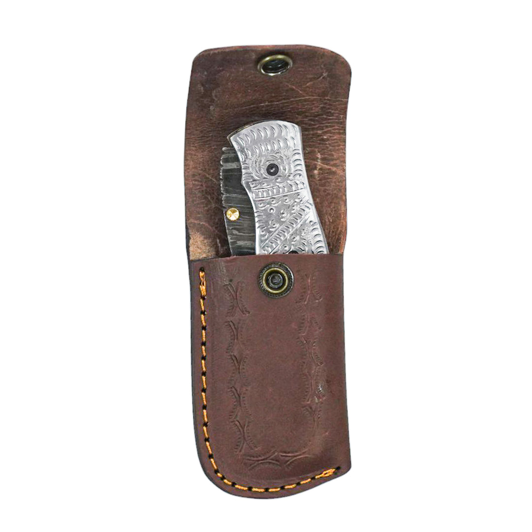 Ornate Scrollwork Damascus Folding Knife - 7.5"