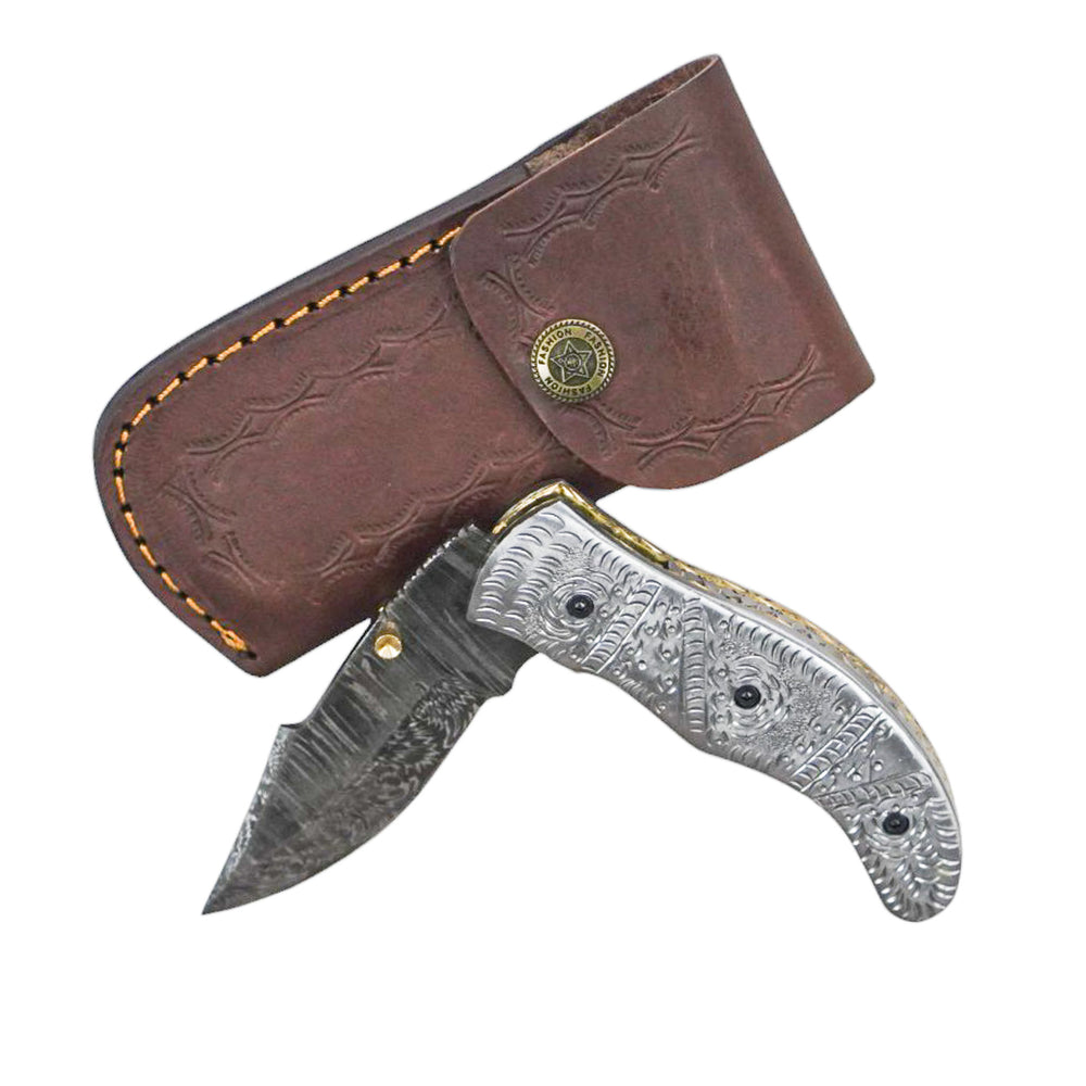 Ornate Scrollwork Damascus Folding Knife - 7.5"