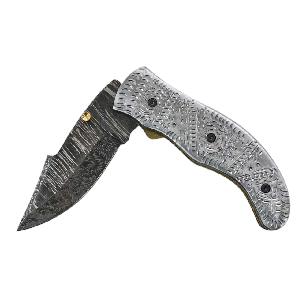 Ornate Scrollwork Damascus Folding Knife - 7.5"