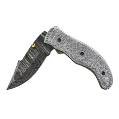 Ornate Scrollwork Damascus Folding Knife - 7.5" - Battling Blades