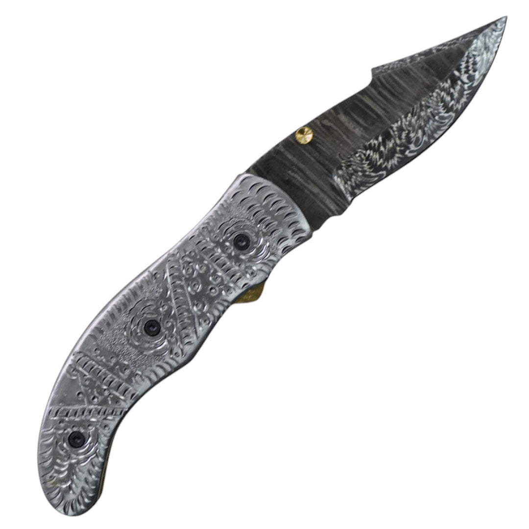 Ornate Scrollwork Damascus Folding Knife - 7.5"