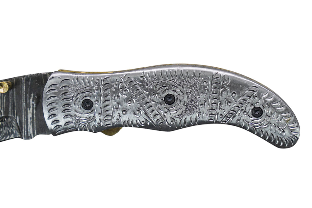 Ornate Scrollwork Damascus Folding Knife - 7.5"