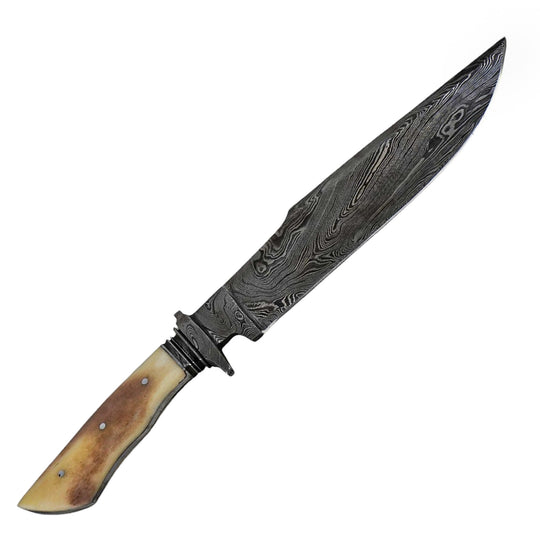  Clip-Point Hunting Knife- Bone Handle- Damascus Steel Blade