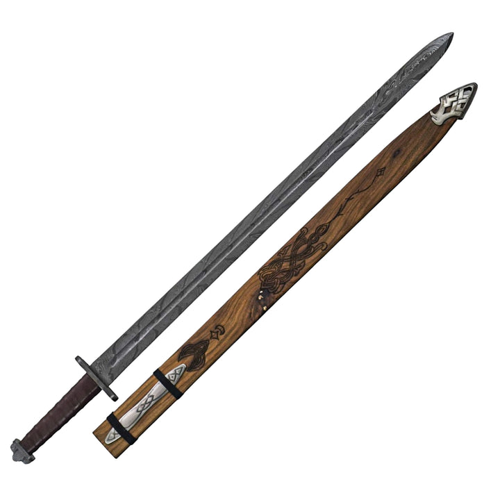Ulfberht Style Viking Sword - Damascus Steel with Etched Wood Sheath - 40" - Battling Blades