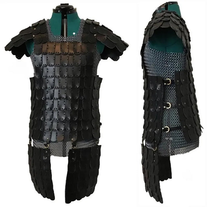 Medieval Viking Cosplay Costume Leather Body Armor Cuirass Knight Warrior Ranger Black Scale Coat Jerkin Larp Outfit for Adult
