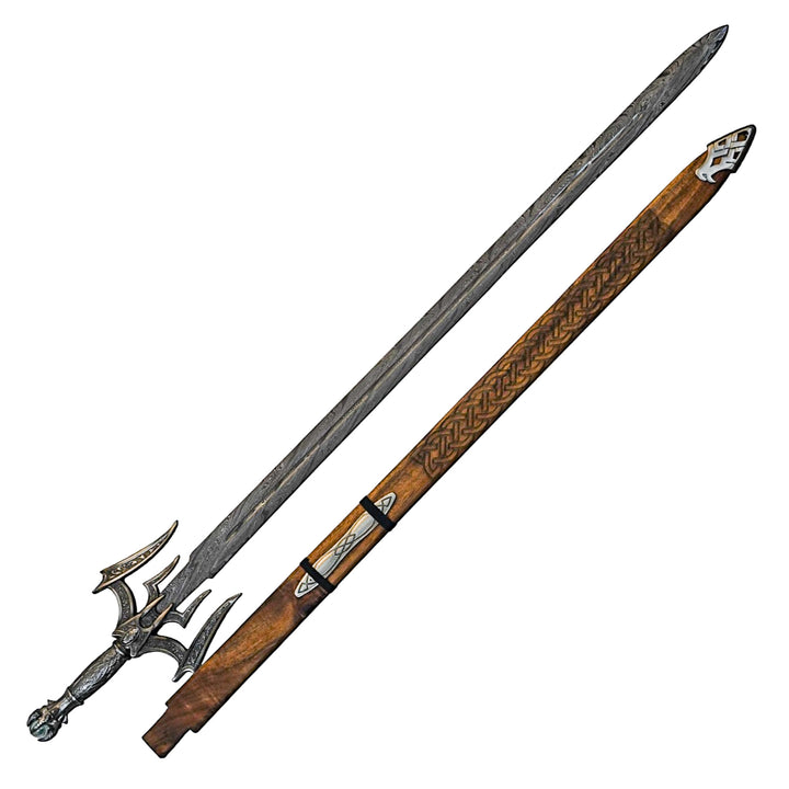 Viking King Sword- Etched Wood Sheath- Damascus Steel - 50" - Battling Blades