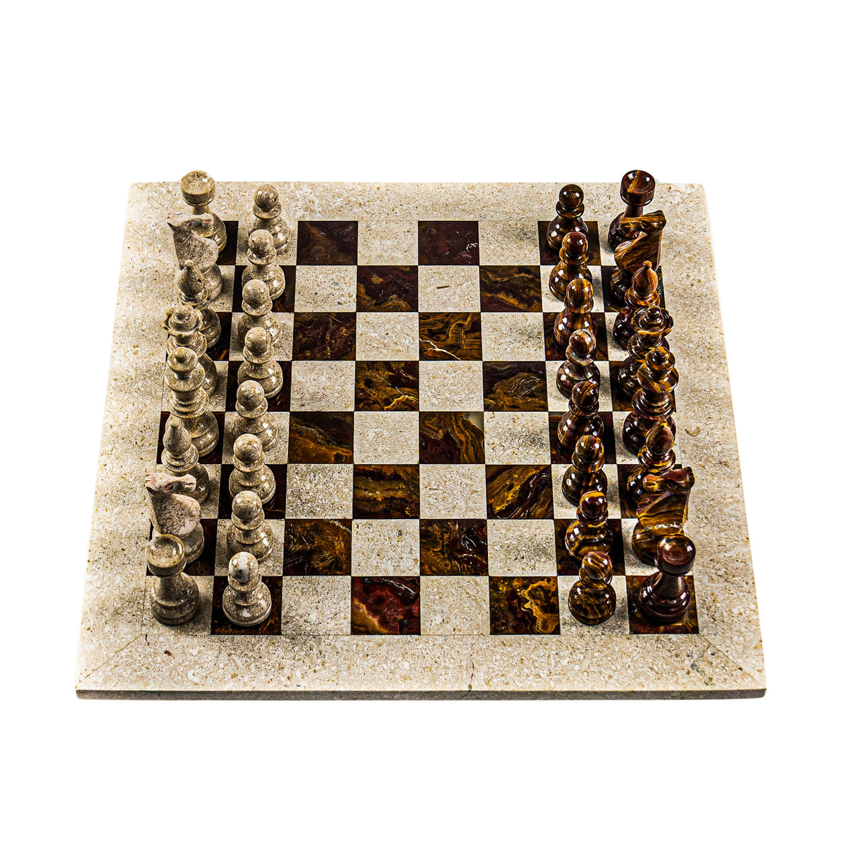 Large Marble Chess Set- Red and White Coral with Fancy Chess Pieces- White Border- 16" - Battling Blades