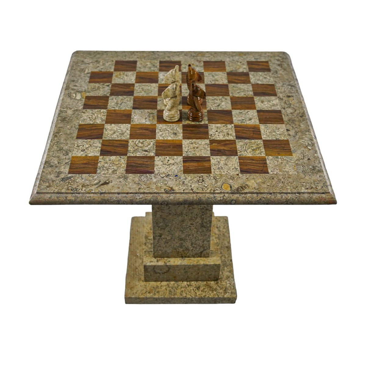 Marble Chess Table- Red and White Coral with Fancy Chess Pieces- White Border- 24" - Battling Blades