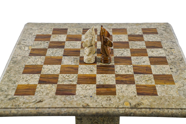 Marble Chess Table- Red and White Coral with Fancy Chess Pieces- White Border- 24"
