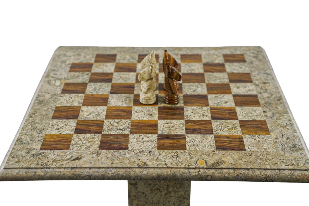 Marble Chess Table- Red and White Coral with Fancy Chess Pieces- White Border- 24"