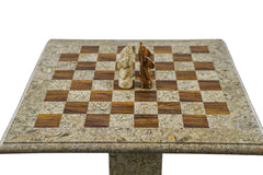 Marble Chess Table- Red and White Coral with Fancy Chess Pieces- White Border- 24" - Battling Blades