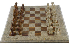 Marble Chess Table- Red and White Coral with Fancy Chess Pieces- White Border- 24" - Battling Blades