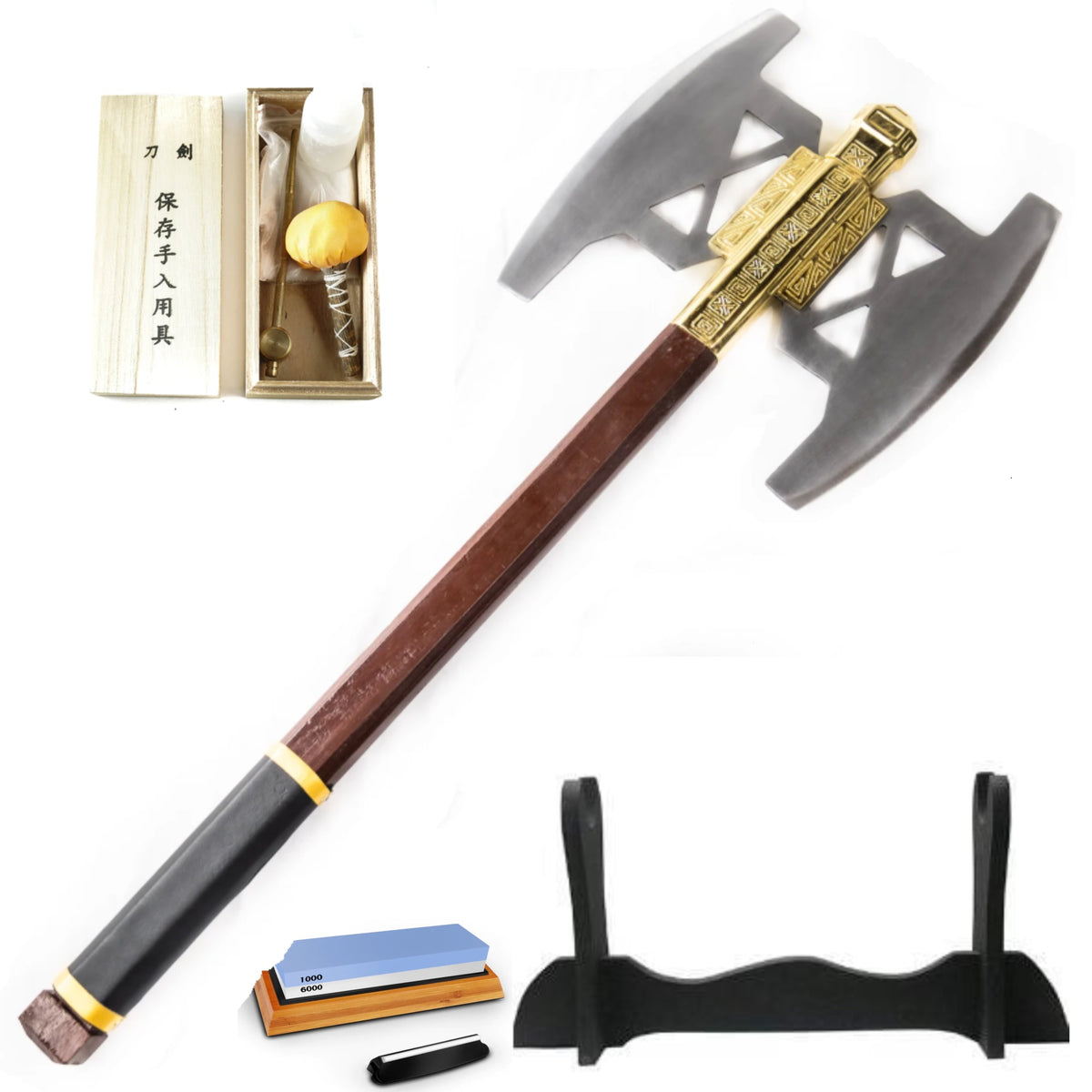 Double Axe Bundle- Labrys- Stand, Cleaning Kit, Sharpener - Battling Blades