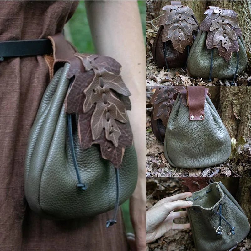 Medieval Leather Leaf Drawstring Coin Pouch - Battling Blades