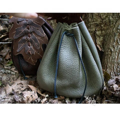 Medieval Leather Leaf Drawstring Coin Pouch - Battling Blades