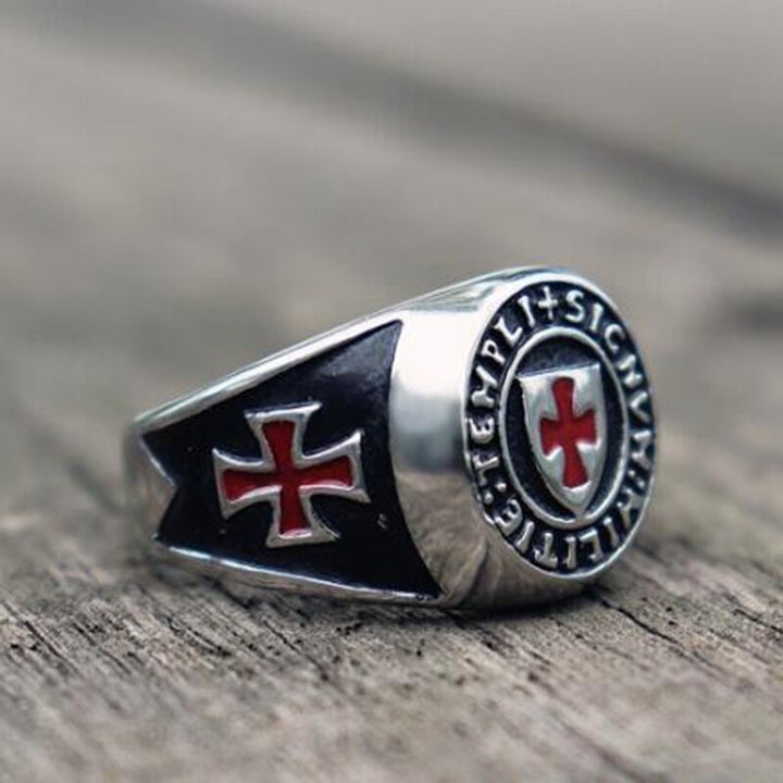 Red Armor Shield Knight Ring - Medieval Crusader Cross Ring