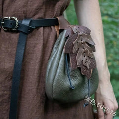 Medieval Leather Leaf Drawstring Coin Pouch - Battling Blades
