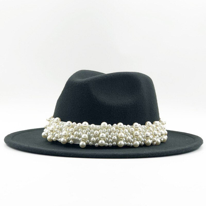 Renaissance Opulence: Wool Fedora Hat with Pearl Ribbon