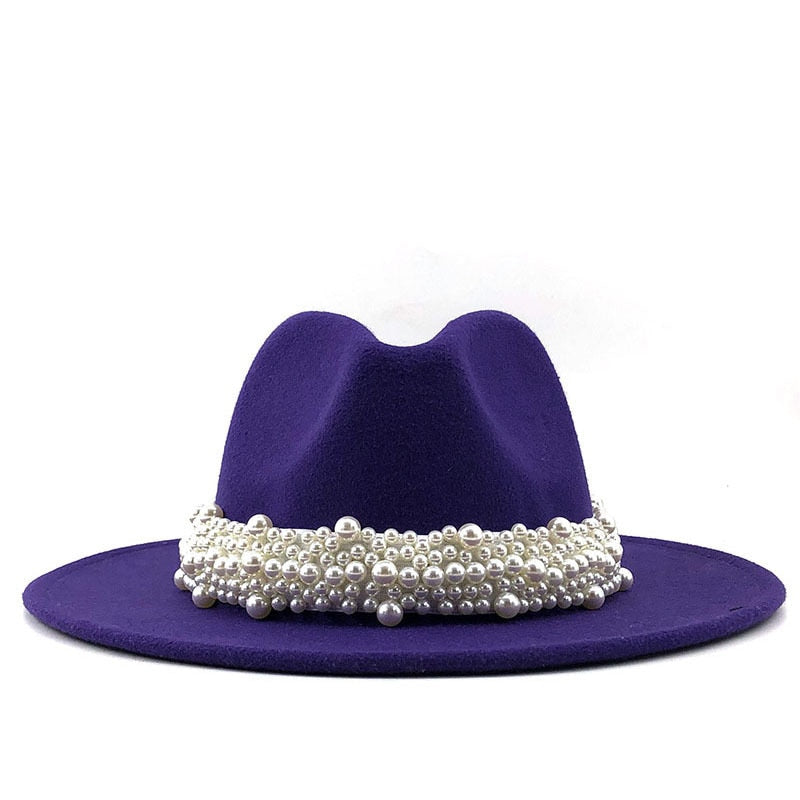 Renaissance Opulence: Wool Fedora Hat with Pearl Ribbon