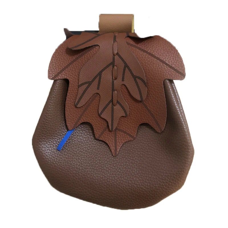 Medieval Leather Leaf Drawstring Coin Pouch